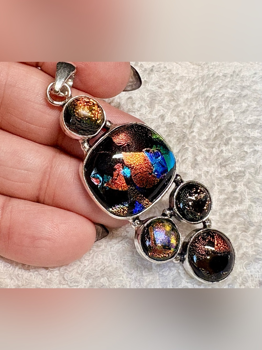 Sterling Silver Multi-Color FANCY Dichroic Glass Pendant - Ethnic 3”